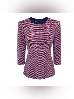 Tory Burch Silk Blend Geo Print Top Navy Trim Preppy Coastal Chic-Sz Medium